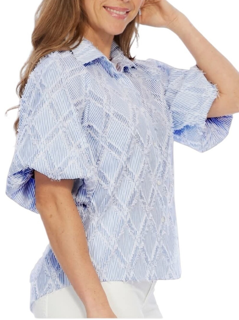 Ali Miles Fringe Diamond Button Up Short Sleeve Shirt Women's XL